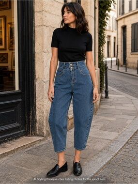 R Jeans Tag 32 Super High Rise Cropped Barrel Mom Jeans Blue Denim